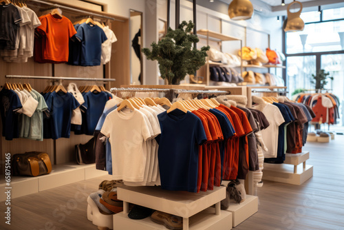 Inside a modern clothing store with a variety of fashionable children's clothing displayed for sale in a commercial setting. photo