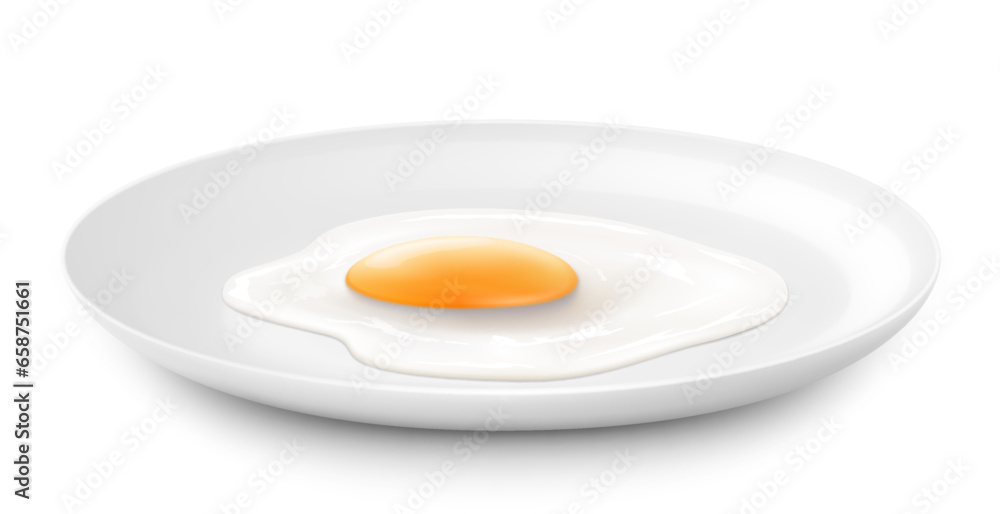 Plate with delicious fried egg, isolated on white background. Realistic 3D vector illustration. delicious breakfast, side view Plate with delicious fried egg, isolated on white background. Realistic 3D vector illustration. delicious breakfast, side view