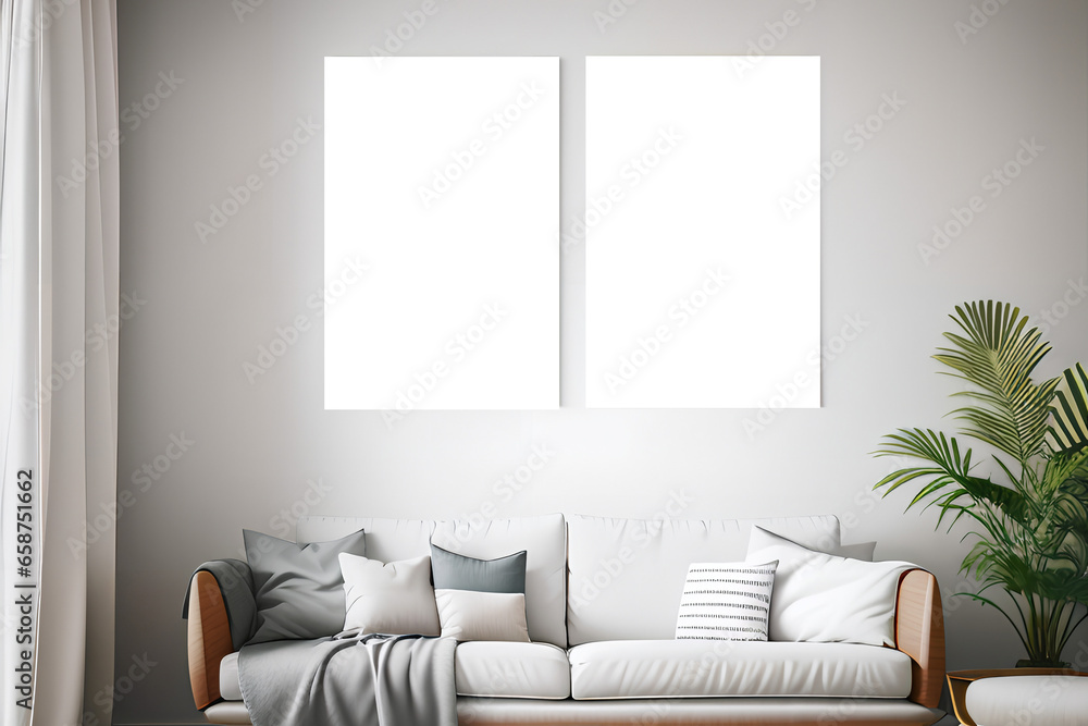 Two vertical frames mockup in interior with sofa Two vertical frames mockup in interior with sofa