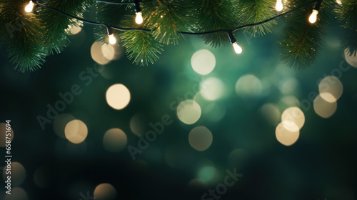 holiday decoration and illumination. christmas garland lights bokeh with green background. Generative AI