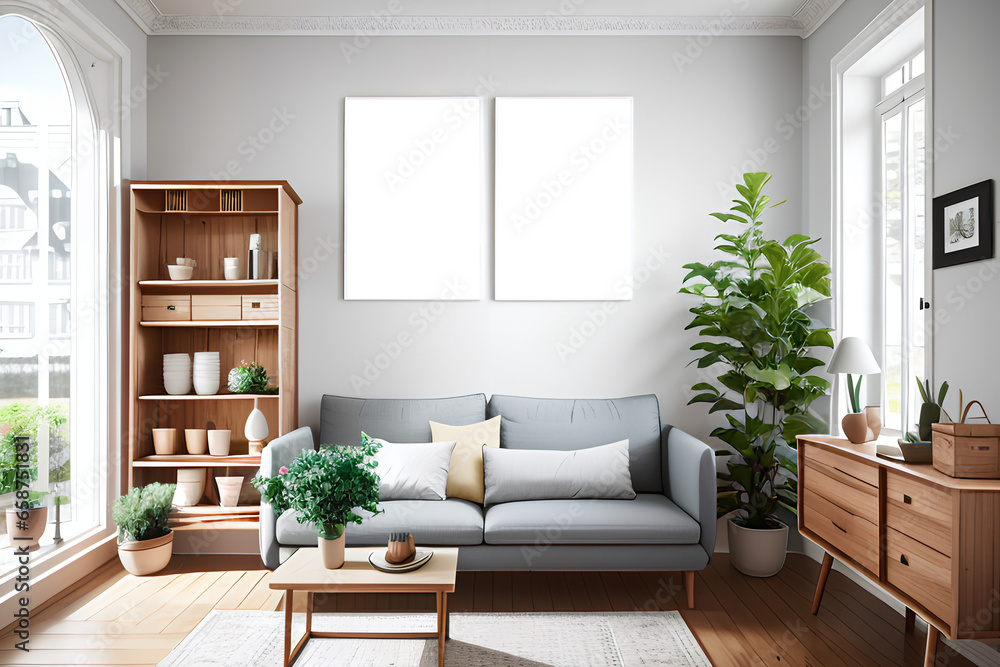Fototapeta premium Two vertical frames mockup in interior with sofa