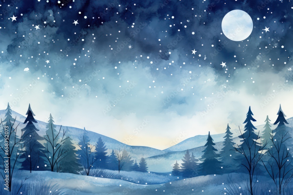 winter night with mountain and full moon. starry night. Watercolor Painting. Generative AI 