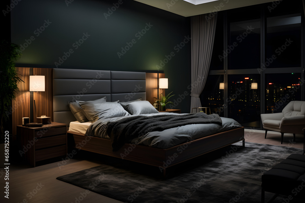 3d rendering of a modern bedroom interior in black and brown tones. ia generated 3d rendering of a modern bedroom interior in black and brown tones. ia generated