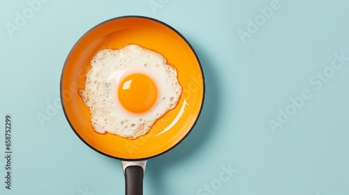 Top view of a fried egg on a blue frying pan next to uncooked whole eggs and eggshells in darkness, isolated on an orange background. photo
