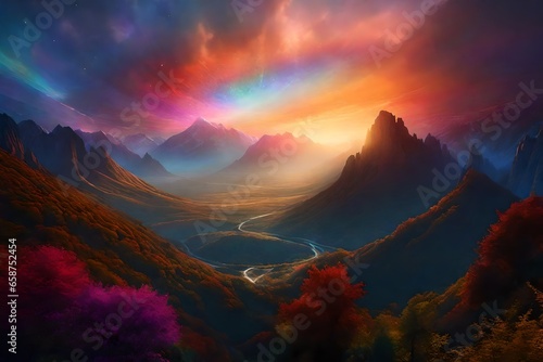 The realm of dreams unfolds before your eyes, with a sky painted in the hues of the 7 lines of the photon - AI Generative