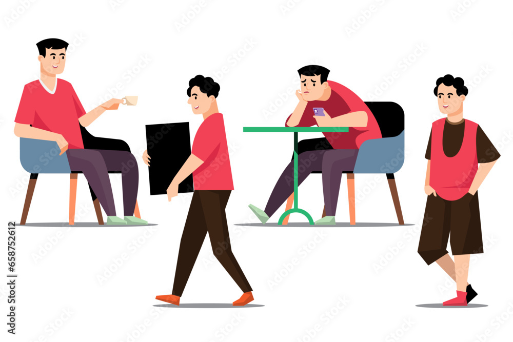 Man character in different situations. People at a coffee shop. Vector illustration. Man character in different situations. People at a coffee shop. Vector illustration.