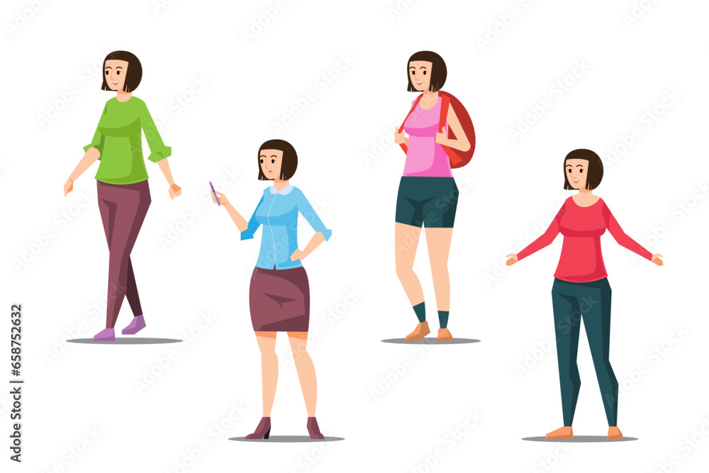 Set of female characters in casual clothes. Women of character woman in casual wear standing vector illustration