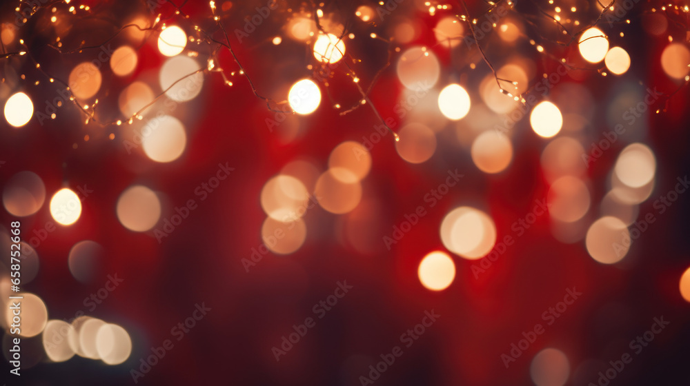 holiday decoration and illumination. christmas garland lights bokeh with red background. Generative AI