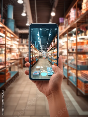 Augmented Reality Shopping Concept - Hand holding a smart phone, selecting a store, interactive digital experience:, Modern technology, convenience, online retail. Created using generative AI 
