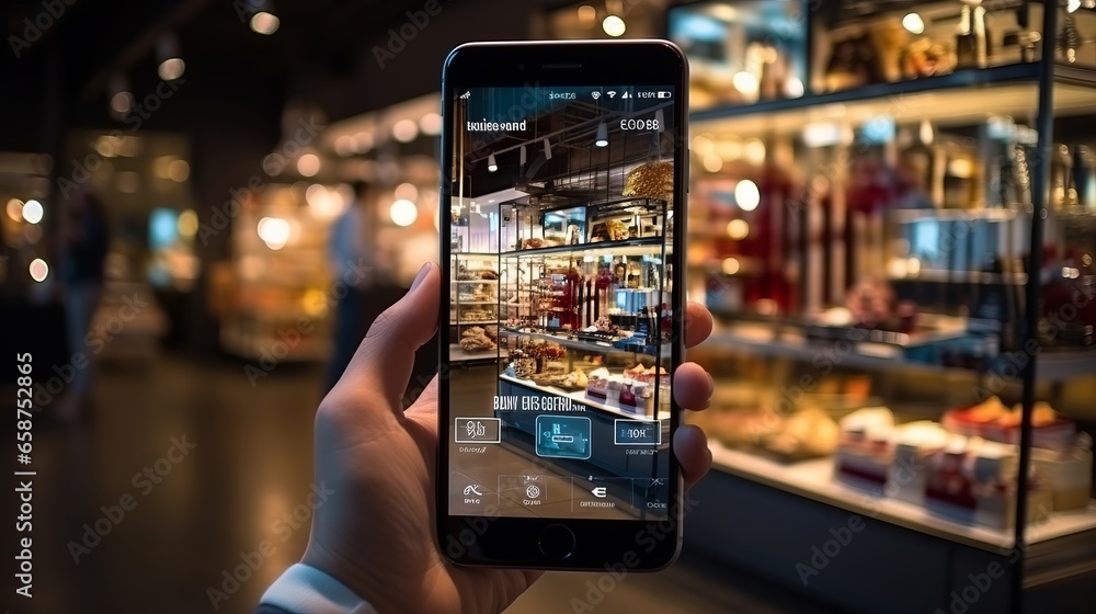 Augmented Reality Shopping Concept - Hand holding a smart phone, selecting a store, interactive digital experience:, Modern technology, convenience, online retail. Created using generative AI  - obrazy, fototapety, plakaty 
