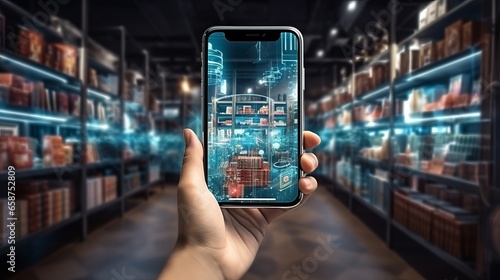 Augmented Reality Shopping Concept - Hand holding a smart phone, selecting a store, interactive digital experience:, Modern technology, convenience, online retail. Created using generative AI  © AI Visual Vault