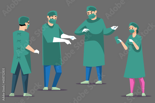 Surgeons in medical uniform. Set of doctors and nurse characters. Emergency or medical practitioners. Vector illustration.