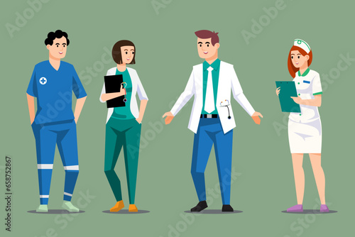 Set of doctors and nurse characters. Emergency or medical practitioners. Stop pandemic. Hero in white coat, woman or man. Medicine safety isolated. Vector illustration.