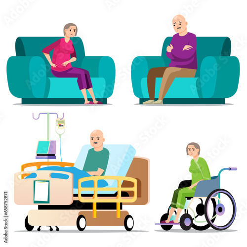 Set of old people in different situation. Elderly people, doctors and nurses. Elderly people in nursing home set. Senior man and woman sitting in armchair, Vector illustration