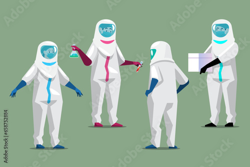 Doctor in protective suit set. Set of characters in the form of doctors in protective clothing during an epidemic of viral infection. Vector illustration