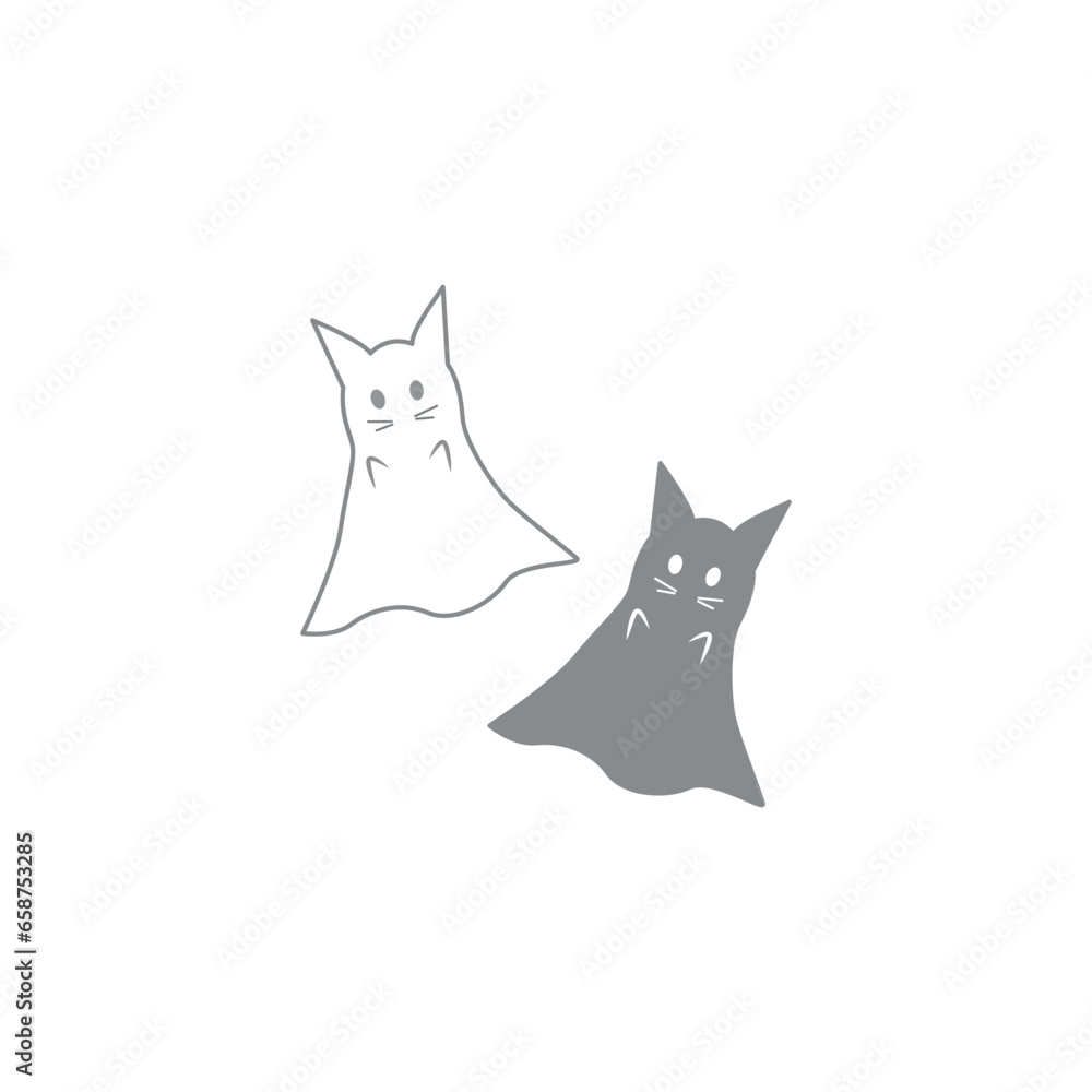 Obraz premium Set of cute ghost cats. Collection of cute flying kittens spirit. Halloween pets. Boo. Cartoon spooky baby character. Vector illustration for greeting card.