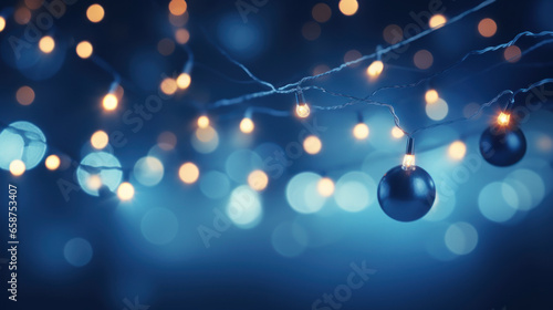 holiday decoration and illumination. christmas garland lights bokeh with blue background. Generative AI