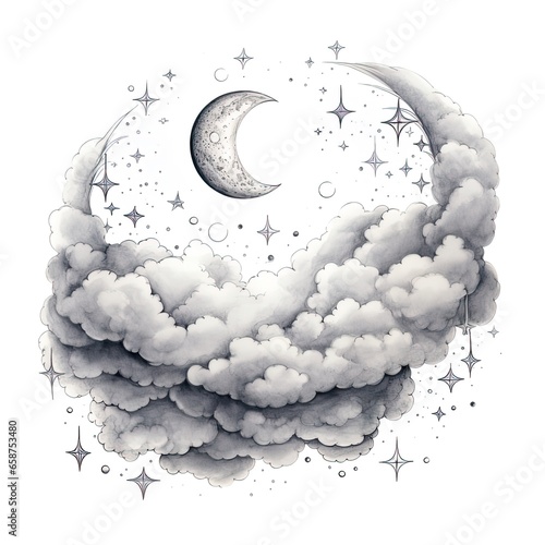 Moon and clouds illustration on white background.