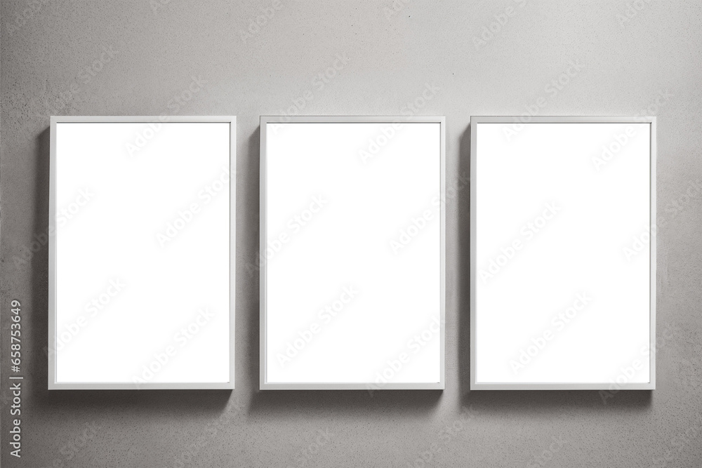 3 white frames on grey wall in empty room 3 white frames on grey wall in empty room