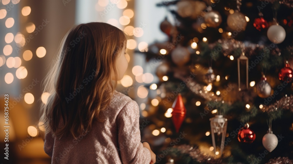 Happy child decorating Christmas tree. Copy space. Website images Happy child decorating Christmas tree. Copy space. Website images