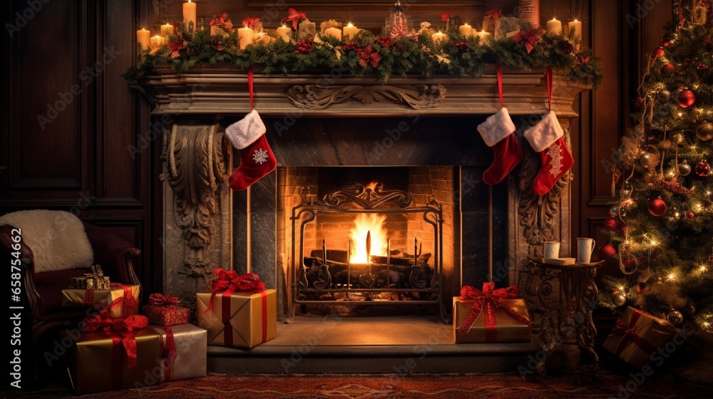A close-up of a crackling fireplace adorned with festive stockings and surrounded by holiday decorations