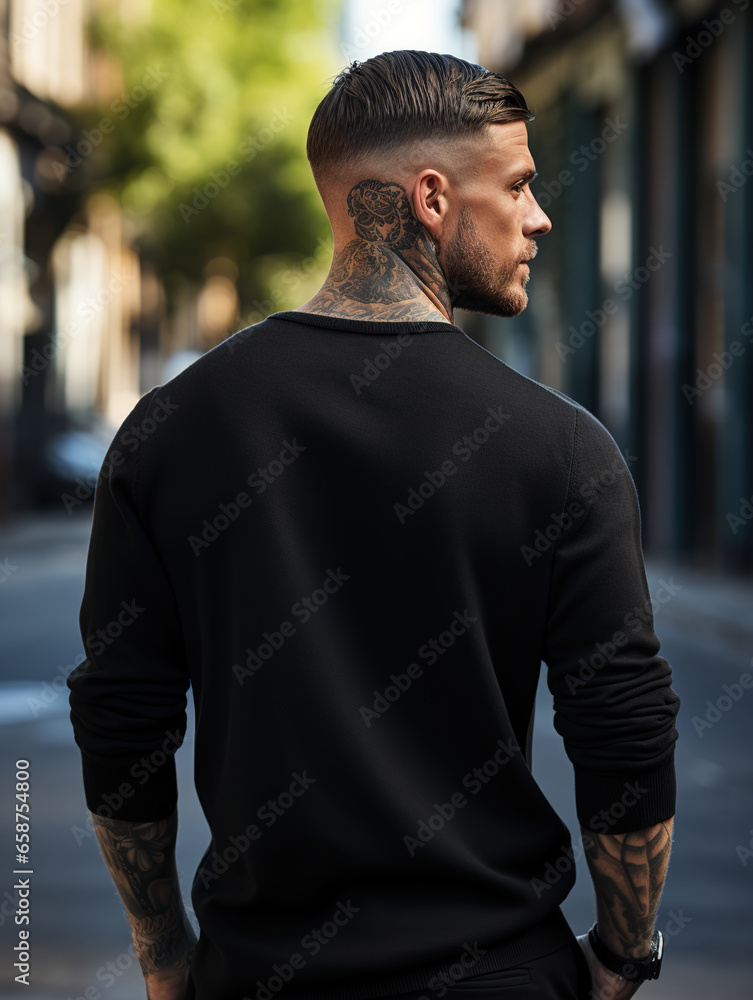 Back view handsome man in black blank sweatshirt on city street background Mockup for printing and branding Back view handsome man in black blank sweatshirt on city street background Mockup for printing and branding