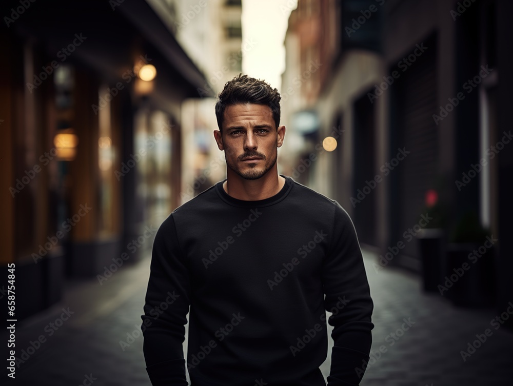 Handsome man in black blank sweatshirt on city street background Mockup for printing and branding Handsome man in black blank sweatshirt on city street background Mockup for printing and branding