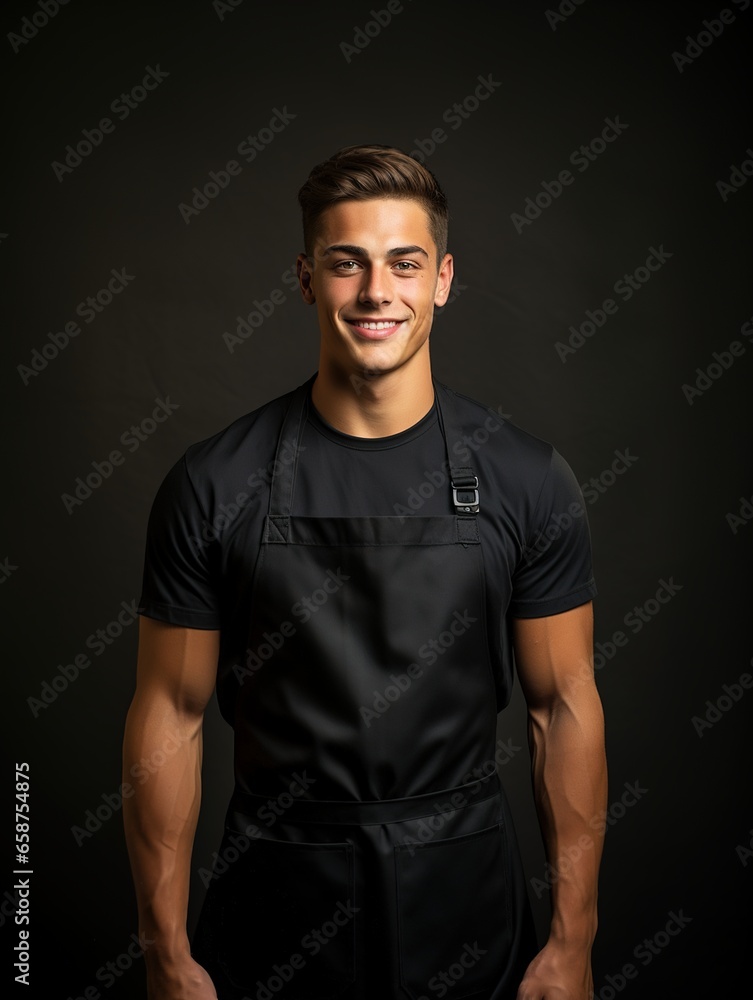 Naklejka premium Mockup of chef or waiter, baker, worker in blank black apron isolated on dark background