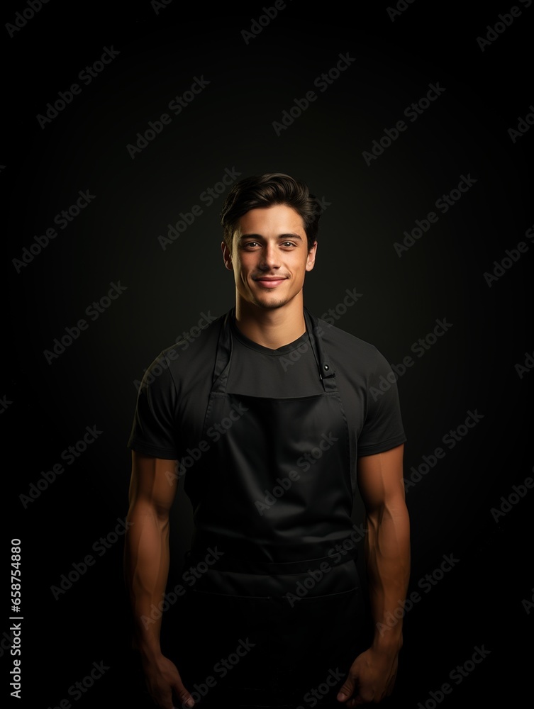 Mockup of chef or waiter, baker, worker in blank black apron isolated on dark background