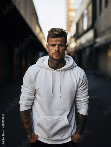 Front view of a young man wearing a blank white hooded sweatshirt with kangaroo pockets on a city street. Mockup template for branding or printing.