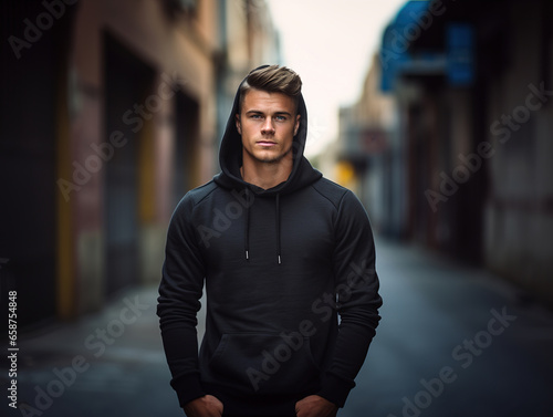 Man dressed in a blank black hoodie with hood and kangaroo pocket against the background of the city street. Mockup template for branding or printing