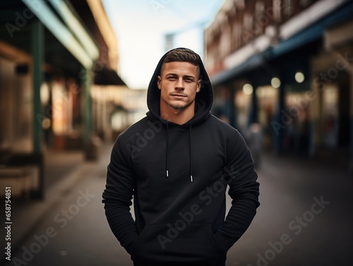 Man dressed in a blank black hoodie with hood and kangaroo pocket against the background of the city street. Mockup template for branding or printing