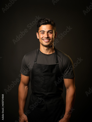 Mockup of chef or waiter, baker, worker in blank black apron isolated on dark background