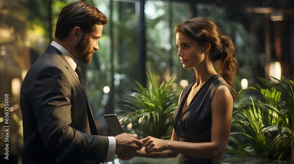 Business Professionals Collaborating in a Formal Meeting. Two professionals in formal attire collaborate with a handshake. Business Professionals Collaborating in a Formal Meeting. Two professionals in formal attire collaborate with a handshake.
