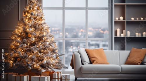 Cozy stylish modern winter interior with a Christmas tree decorated with garlands
