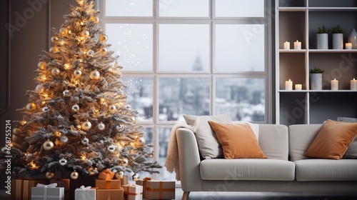 Cozy stylish modern winter interior with a Christmas tree decorated with garlands