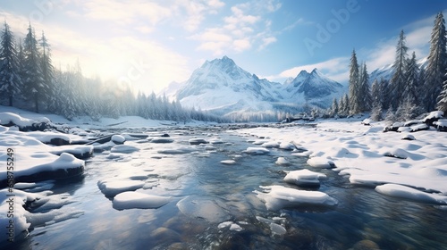 Winter mountain river in snow . Natural landscape background