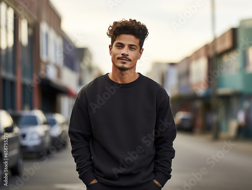 Urban front view portrait of a handsome hipster with a simple empty black jacket or sweatshirt on a city street, with space for your logo or design. Mock up for printing