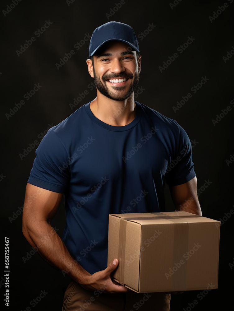 Portrait of a cheerful courier loader in a blue cap and uniform holding a cardboard box. Delivery man isolated on a plain background. Delivery of orders and purchases concept Portrait of a cheerful courier loader in a blue cap and uniform holding a cardboard box. Delivery man isolated on a plain background. Delivery of orders and purchases concept