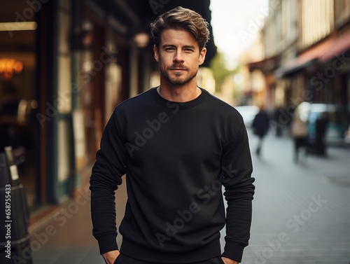Urban portrait of a handsome hipster with a simple empty black jacket or sweatshirt on a city street, with space for your logo or design. Mock up for printing