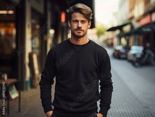 Urban portrait of a handsome hipster with a simple empty black jacket or sweatshirt on a city street, with space for your logo or design. Mock up for printing photo