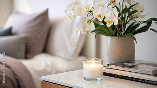 Home decor of a light cozy bedroom interior with a burning scented candle and books and magazines on the bedside table on a blurred bed background. Relaxation and comfort concept