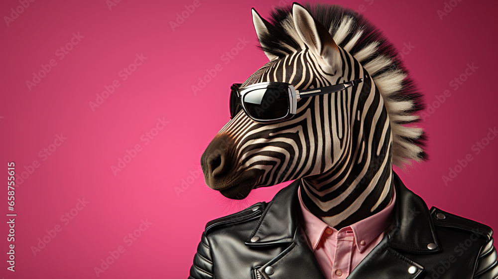 Creative animal . Stylish zebra dressed in a shirt and jacket , surrealism character in sunglasses on pink background Creative animal . Stylish zebra dressed in a shirt and jacket , surrealism character in sunglasses on pink background