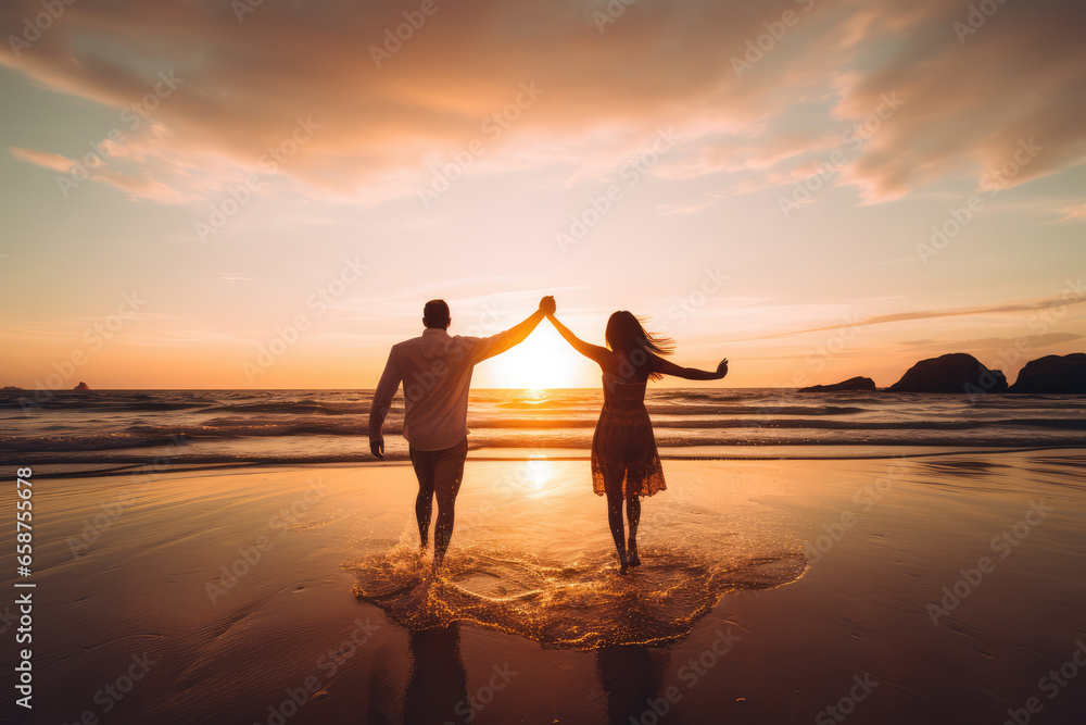 Romantic couple holding hands on the beach at beautiful sunset. Honeymoon concept