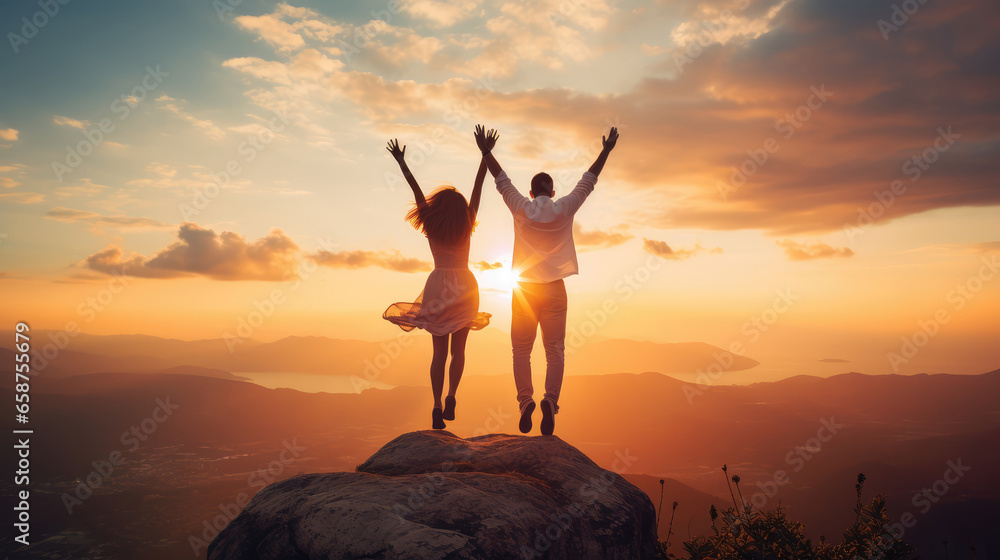 Silhouette of couple jumping on top of a rock and raising hands up to the sky at beautiful sunset.
