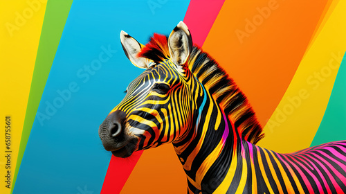 Creative fantasy animals. Rainbow zebra with colored stripes on a bright background.