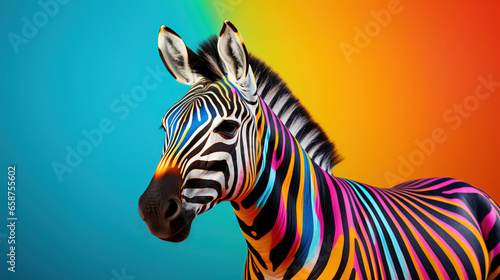 Creative fantasy animals. Rainbow zebra with colored stripes on a bright background.