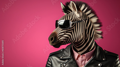 Creative animal . Stylish zebra dressed in a shirt and jacket   surrealism character in sunglasses on pink background