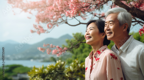Happy asian senior couple standing in front of a blooming sakura tree
