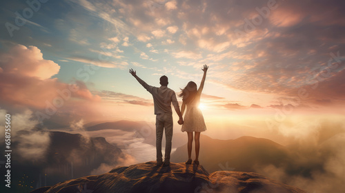 Romantic couple holding hands while standing on the top of the mountain and sunset background. © Tida